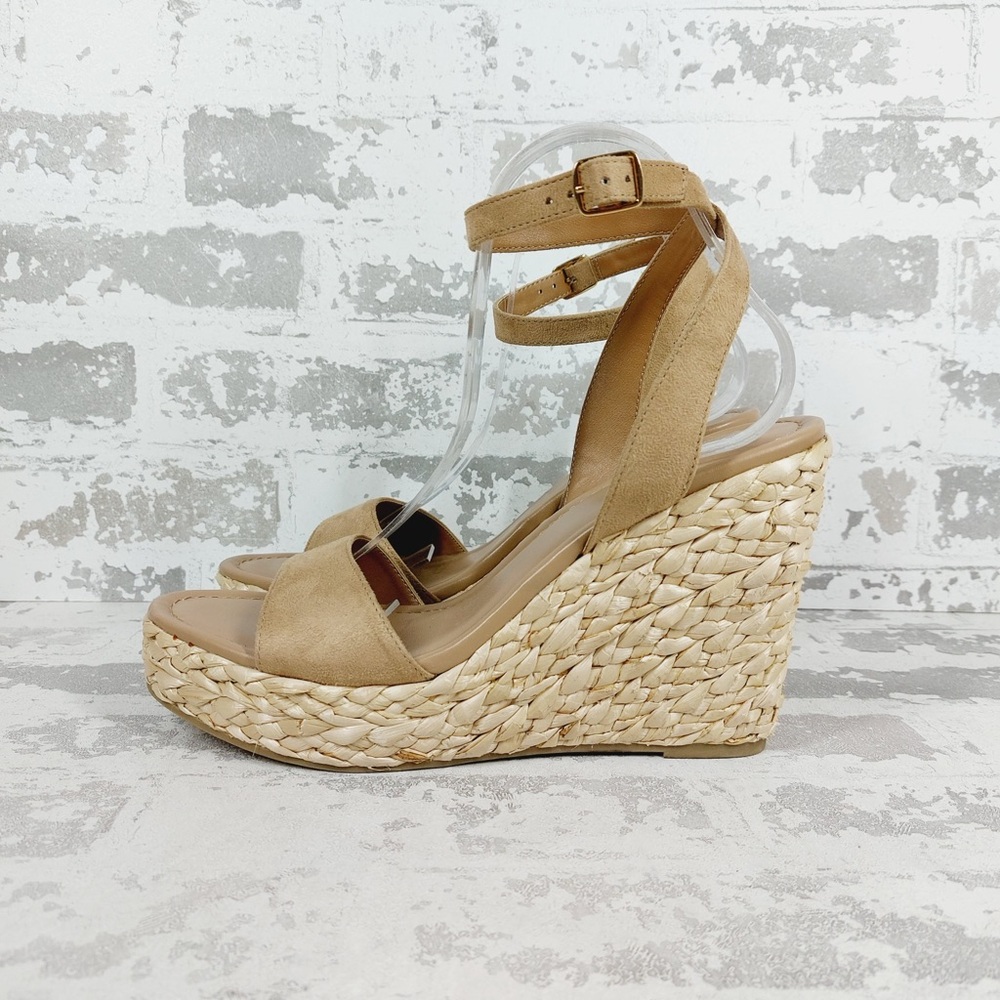 NEW BP. Women Beige Faux Suede Ginny Wedge Ankle Strap Espadrille Sandals V316